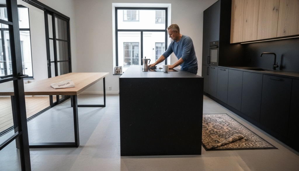 Stiligt - En man står vid en svart köksö och förbereder en drink i ett modernt, minimalistiskt kök med svarta skåp och stora fönster.