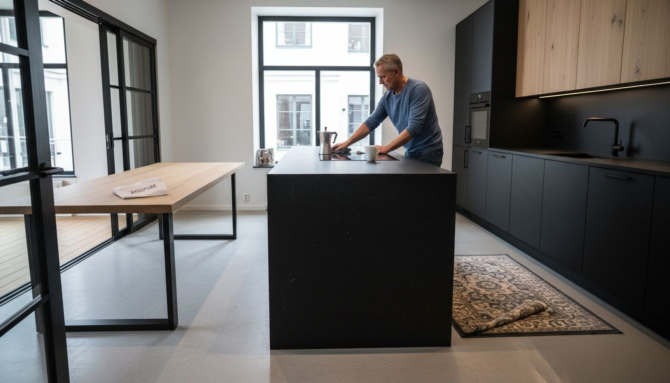 Stiligt - En man står vid en svart köksö och förbereder en drink i ett modernt, minimalistiskt kök med svarta skåp och stora fönster.