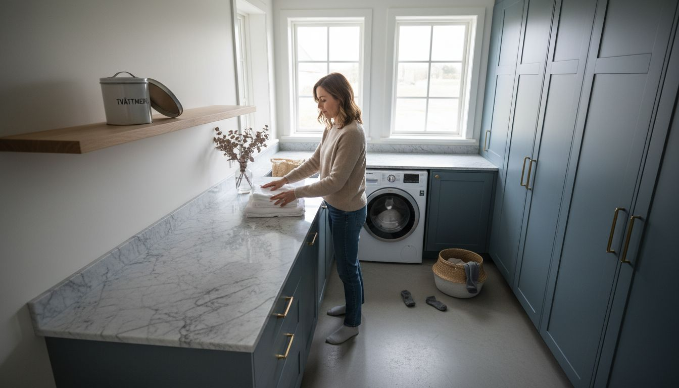 Stiligt - En kvinna står i en tvättstuga med blå skåp och viker tvätt på en bänkskiva i marmor bredvid en tvättmaskin och fönster.
