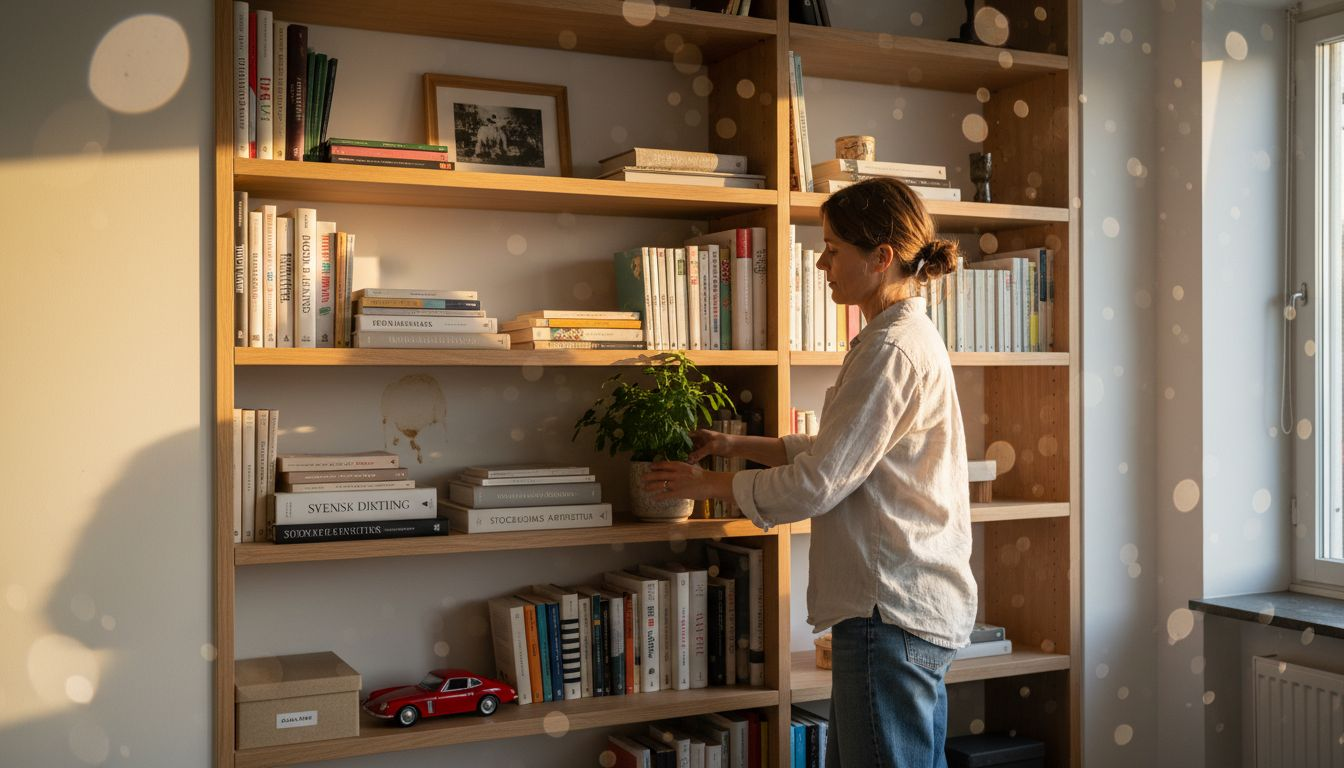 Stiligt - En person står framför en bokhylla i trä och justerar en krukväxt på en hylla, med böcker och prydnadsföremål placerade runt omkring i ett solbelyst rum.