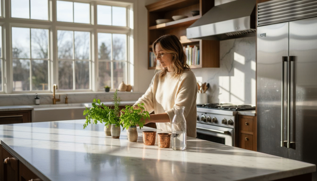 Stiligt - En kvinna står vid en köksö och ordnar med krukväxter, medan solljuset flödar in genom stora fönster i bakgrunden.