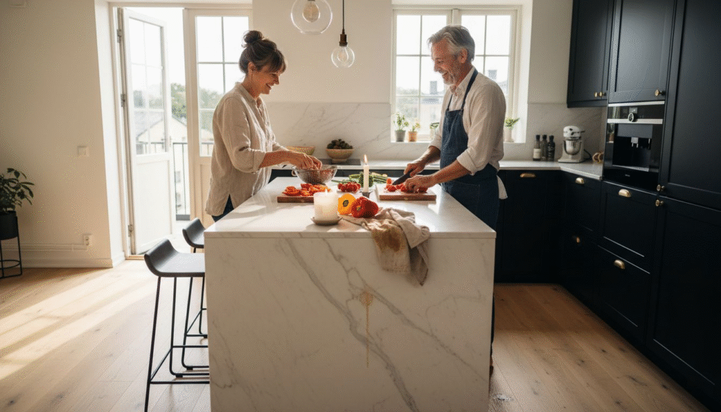 Stiligt - En man och en kvinna står vid en köksö och skivar grönsaker tillsammans i ett ljust, modernt kök med svarta skåp och naturligt ljusinsläpp.