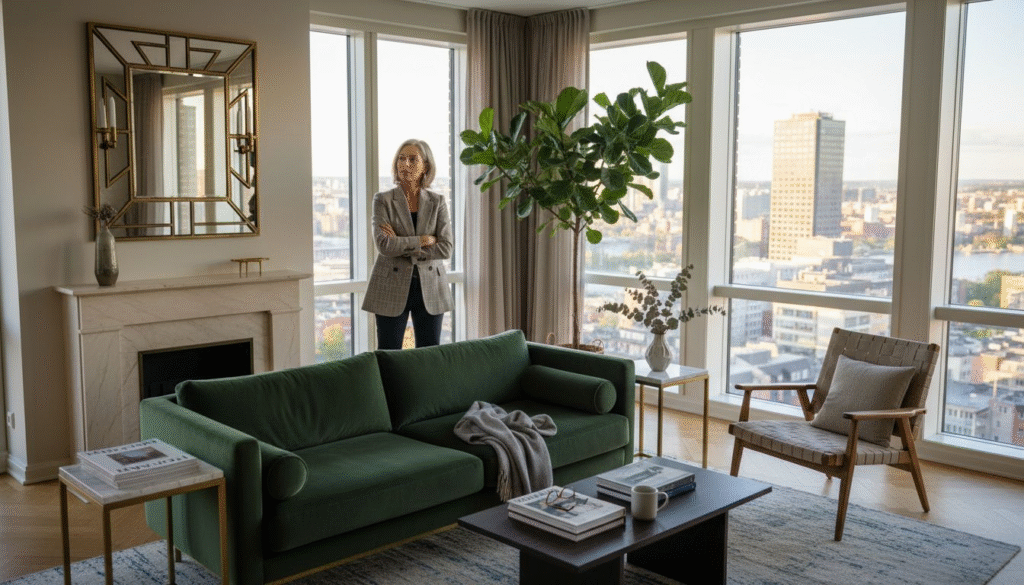 Stiligt - En kvinna står vid fönstret i ett modernt vardagsrum med en grön soffa, soffbord, fåtölj och stora stadsvyer.