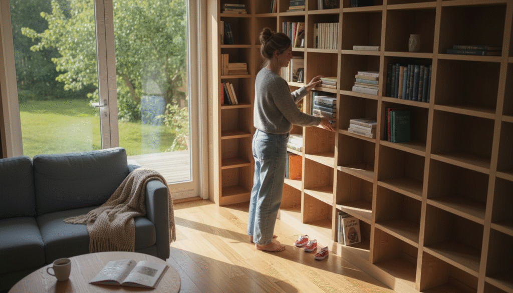 Stiligt - En kvinna står i ett solbelyst rum och placerar böcker på en bokhylla av trä, med en soffa, ett soffbord och utsikt över en trädgård genom stora fönster.