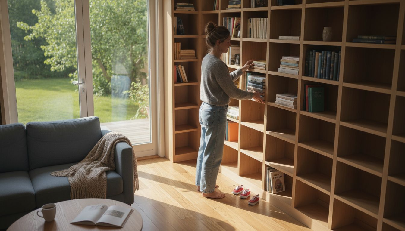 Stiligt - En kvinna står i ett solbelyst rum och placerar böcker på en bokhylla av trä, med en soffa, ett soffbord och utsikt över en trädgård genom stora fönster.