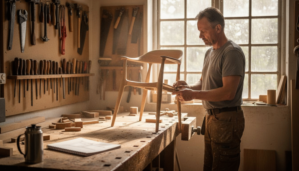 Stiligt - En man i en verkstad använder ett verktyg för att arbeta på en trästol, omgiven av träbearbetningsverktyg och material på en arbetsbänk.