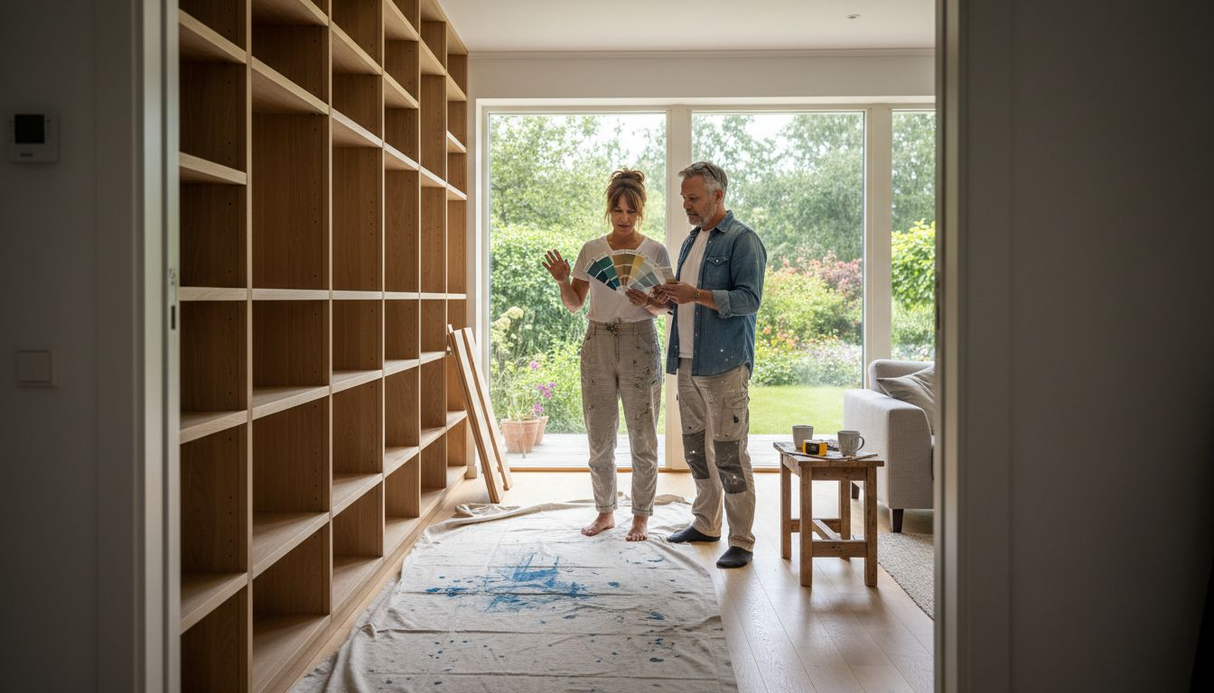 Stiligt - Två personer står i ett rum med tomma trähyllor och diskuterar färgprover, med målartillbehör och en droppduk på golvet.