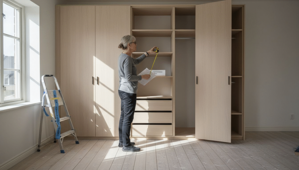 Stiligt - En kvinna mäter insidan av en trägarderob med ett måttband medan hon håller i instruktioner, stående i ett ljust rum bredvid en trappstege.