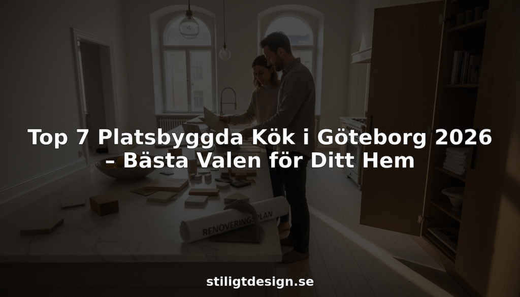 Stiligt - Ett par granskar planer på köksrenovering i ett modernt, ljust kök. Svensk text på bilden marknadsför topp 7 anpassade kök i Göteborg för 2026.