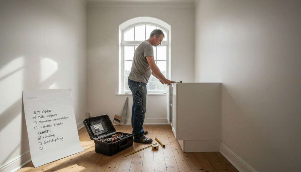 Stiligt - En person monterar ett skåp i ett ljust, tomt rum med verktyg på golvet och en checklista på en whiteboard i närheten.