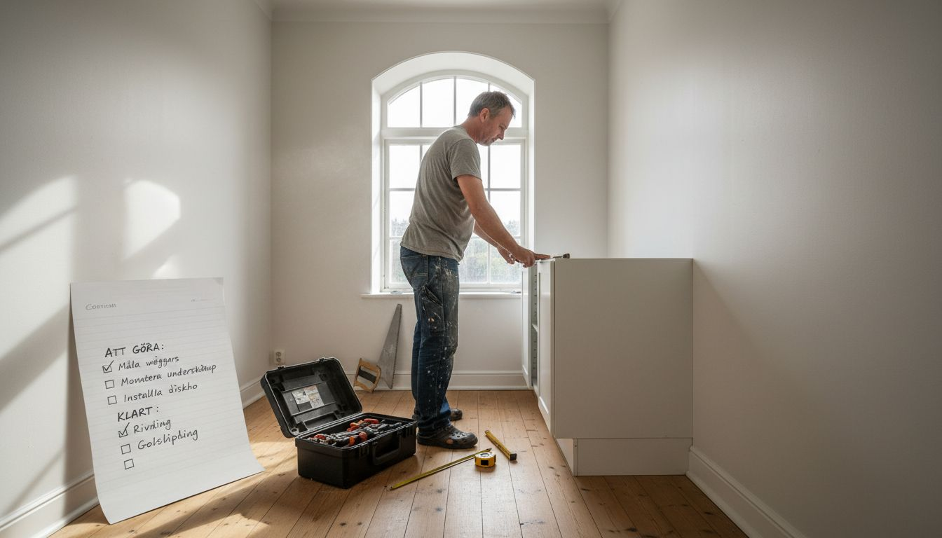 Stiligt - En person monterar ett skåp i ett ljust, tomt rum med verktyg på golvet och en checklista på en whiteboard i närheten.