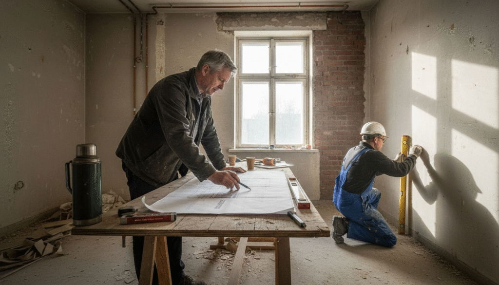 Stiligt - Två arbetare i ett delvis renoverat rum; den ena läser ritningar på ett bord, medan den andra använder ett vattenpass på väggen nära ett fönster.