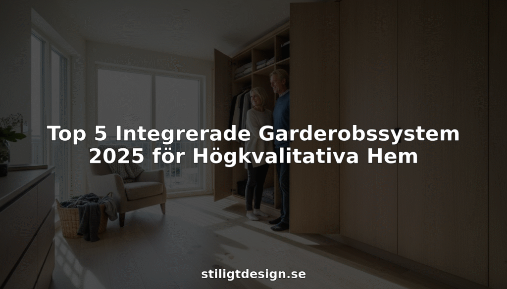 Stiligt - Ett par står vid en öppen garderob i ett modernt, solbelyst sovrum med textöverlägg om de bästa integrerade garderobssystemen för 2025.