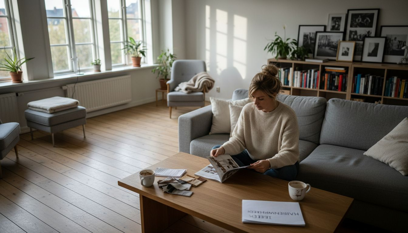 Stiligt - En kvinna sitter i en grå soffa i ett ljust vardagsrum och läser en tidning vid ett soffbord i trä med kaffemuggar, papper och en bok. Hyllor och inramade foton finns i bakgrunden.