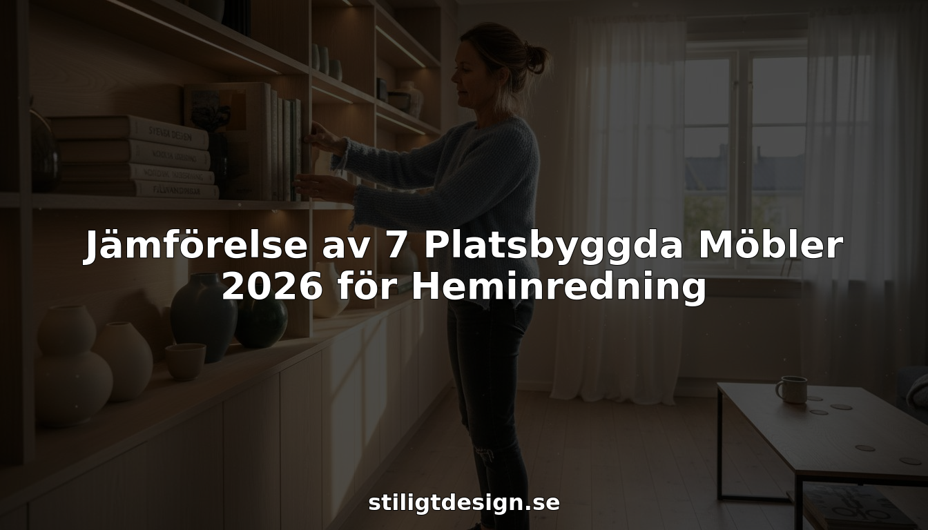 Stiligt - En kvinna placerar ut föremål på hyllor i ett modernt vardagsrum med stora fönster; textöverlägget diskuterar en jämförelse 2026 av 7 specialbyggda möbelalternativ för heminredning.
