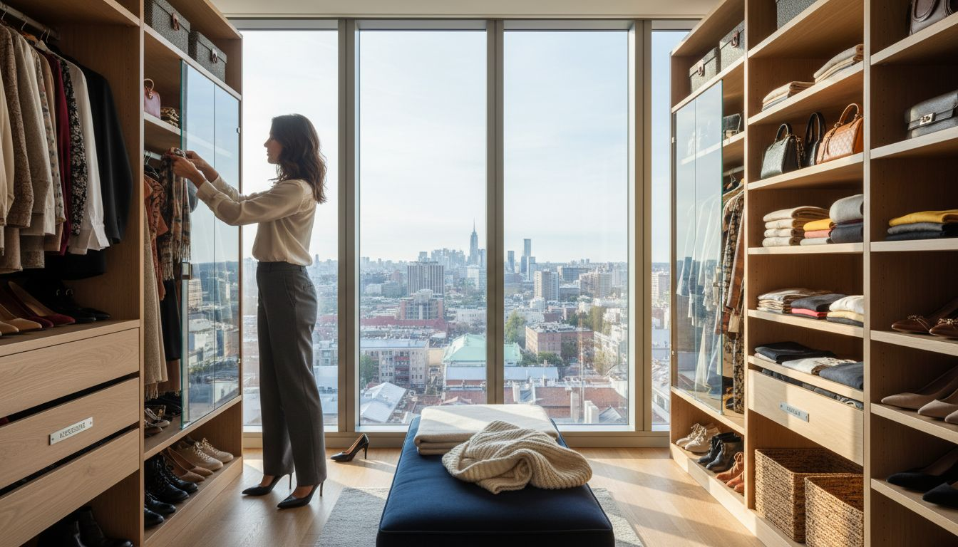 Stiligt - En kvinna står i en klädkammare med prydligt organiserade kläder och hyllor, bredvid stora fönster med utsikt över en stadssiluett.