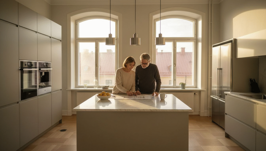 Stiligt - Två personer står tillsammans vid en köksö och tittar på ett dokument. Köket är modernt med stora fönster som släpper in naturligt ljus.