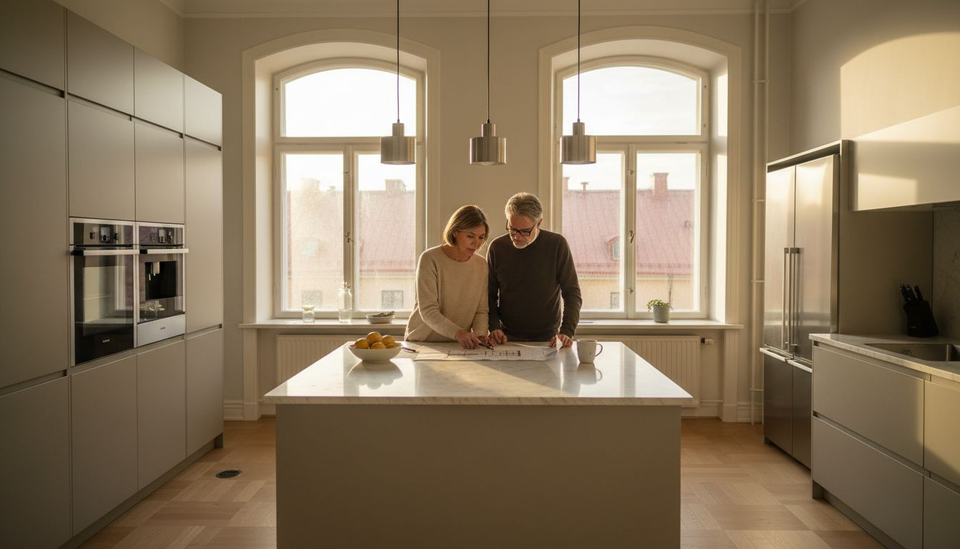 Stiligt - Två personer står tillsammans vid en köksö och tittar på ett dokument. Köket är modernt med stora fönster som släpper in naturligt ljus.