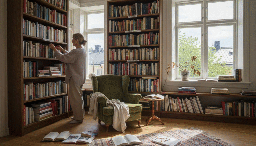 Stiligt - En person står vid bokhyllor i ett solbelyst rum och väljer en bok. En fåtölj, öppna böcker på golvet och stora fönster med utomhusutsikt syns.