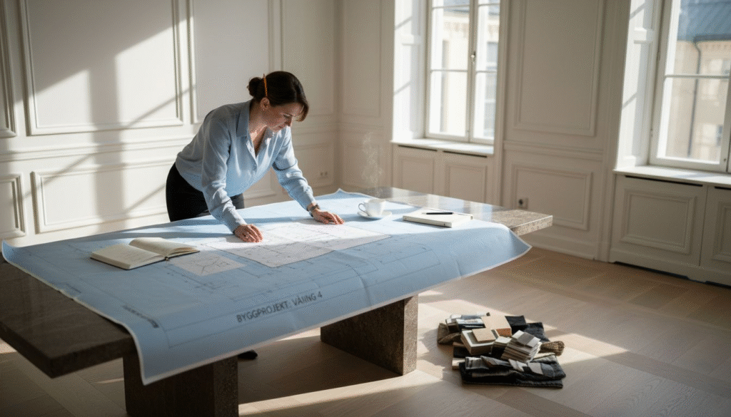 Stiligt - En kvinna undersöker arkitektritningar på ett stort bord i ett ljust, modernt kontor med tygprover och en anteckningsbok i närheten.