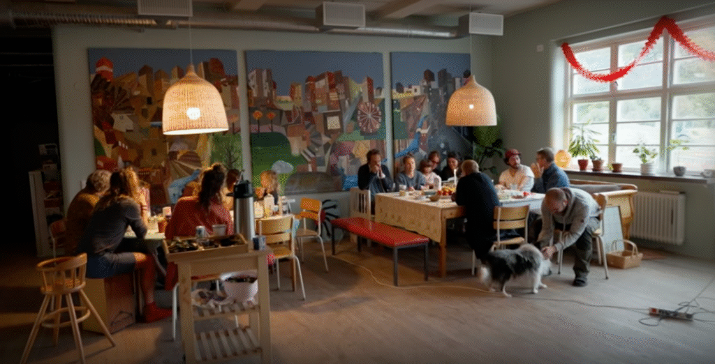 Stiligt - En grupp människor sitter runt två bord och äter i ett väl upplyst rum med färgglad väggkonst; en person klappar en svartvit hund nära fönstret.