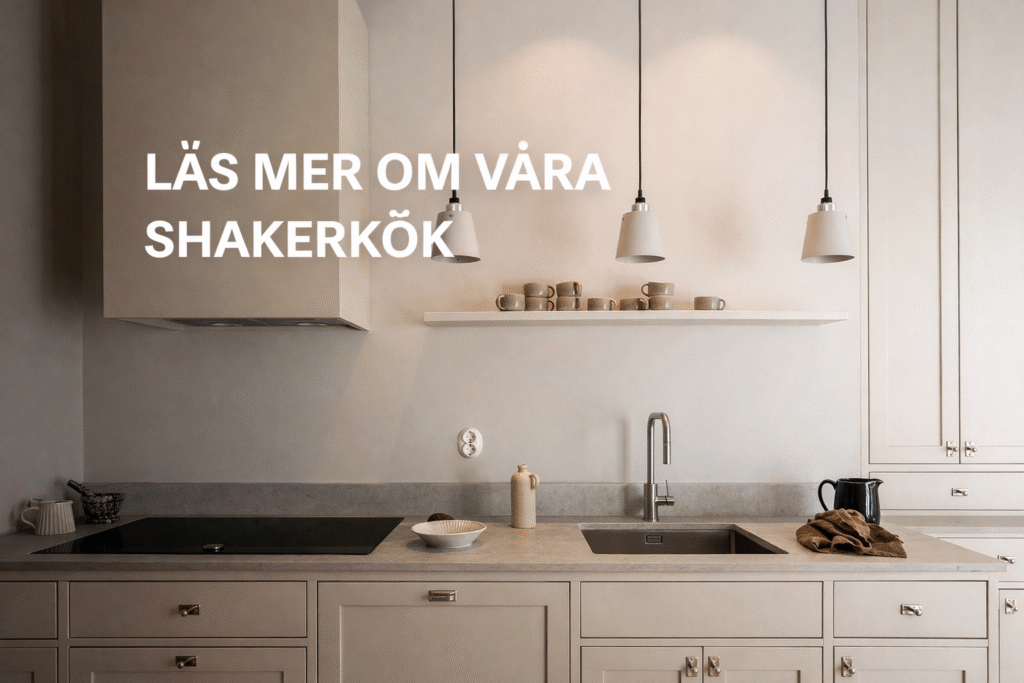 Stiligt - Modernt kök med beige skåpinredning, bänkdiskho, spishäll, hängande lampor, koppar på en hylla och svensk text som lyder "LÄS MER OM VÅRA SHAKERKÖK" på väggen. Nu startar Husdrömmar 2026.