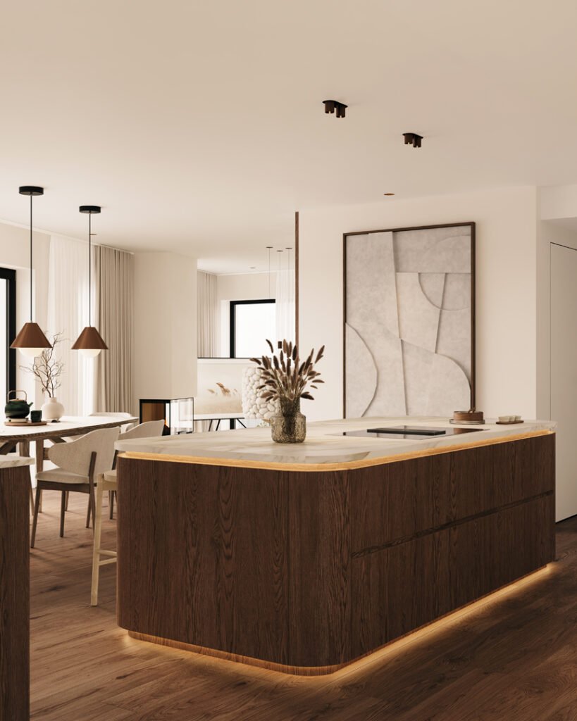 Stiligt - Ett modernt kök med en köksö i mörkt trä, bänkskiva i marmor och minimalistisk inredning. Neutrala toner och abstrakt väggkonst kompletterar det öppna, väl upplysta utrymmet.