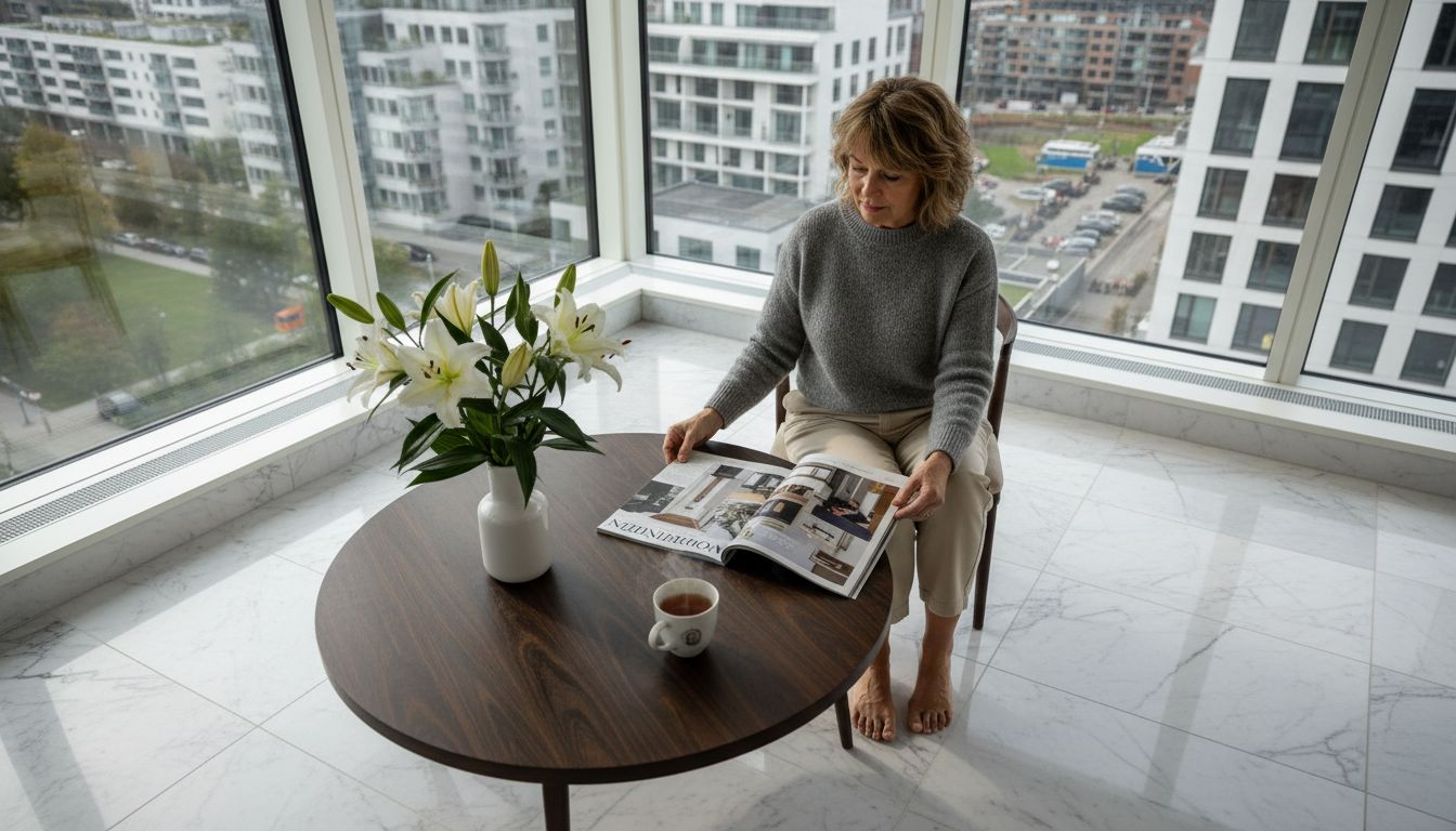 Stiligt - En kvinna sitter vid ett runt bord vid stora fönster och läser en tidning med en kopp te och en vas med liljor på bordet. Stadens byggnader syns utanför.