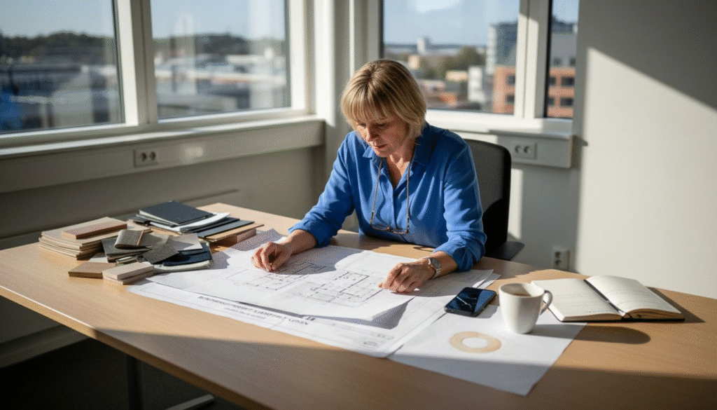 Stiligt - En kvinna granskar arkitektritningar vid ett skrivbord, omgiven av provmaterial, anteckningsböcker, en smartphone och en kaffemugg i ett ljust kontor med stora fönster.