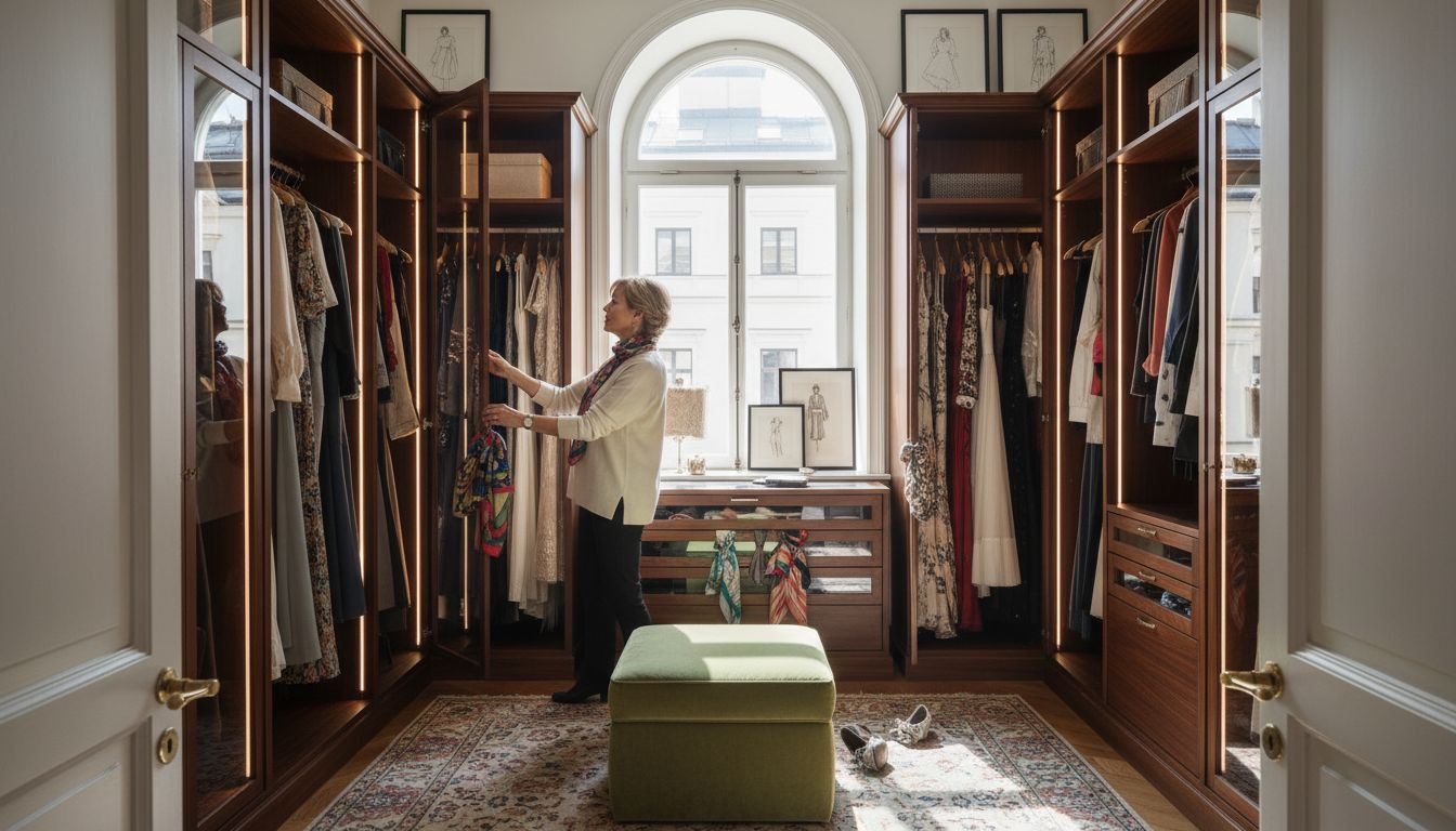 Stiligt - En kvinna står i en rymlig klädkammare med trähyllor och väljer kläder. Naturligt ljus kommer in genom ett stort välvt fönster i bakgrunden.