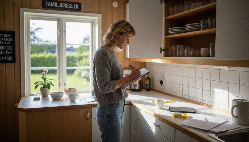 Stiligt - En kvinna står i ett kök vid en bänk och skriver i en anteckningsbok med papper, en kopp och en skål i närheten. Solljuset faller in genom fönstret och på hyllorna står glas och porslin.