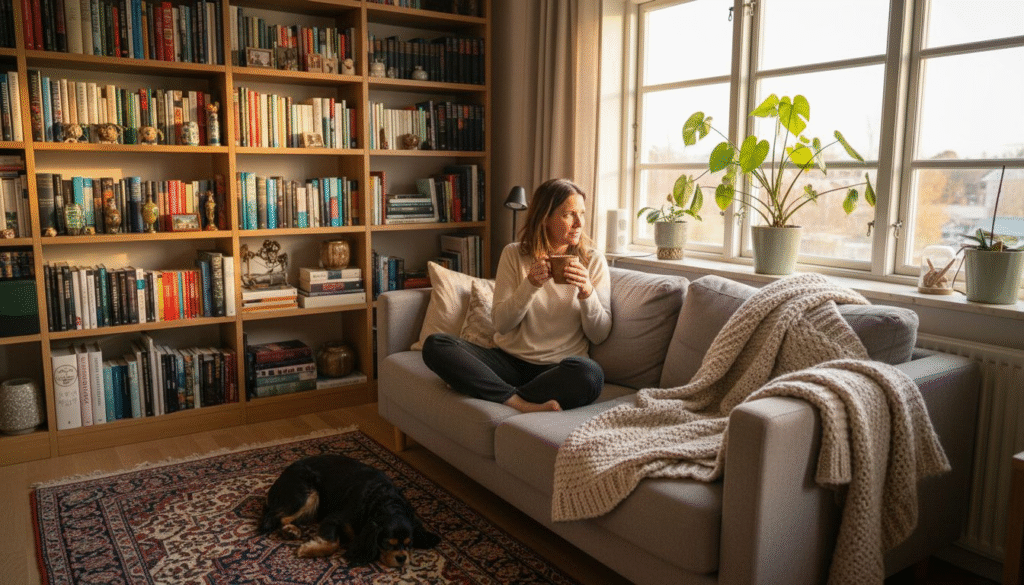 Stiligt - En kvinna sitter i en soffa med en mugg i handen och tittar ut genom fönstret i ett mysigt vardagsrum med bokhyllor, krukväxter och en hund som ligger på en matta.