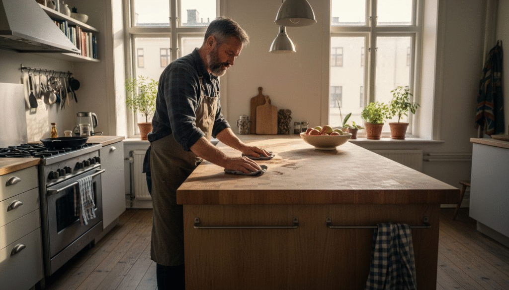 Ett hantverksmässigt tillverkat kök i massiv ek med charmiga spår av vardagsliv.
