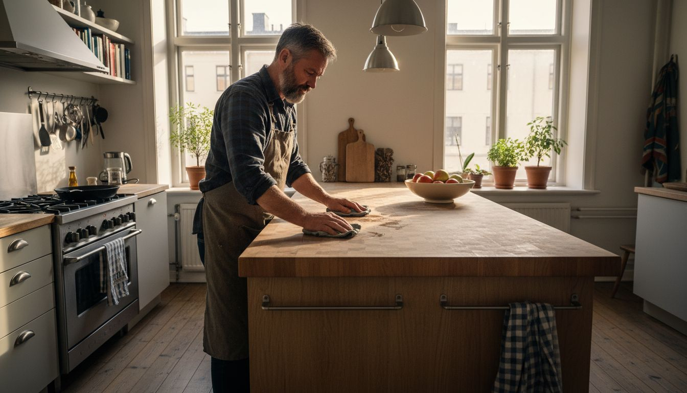 Ett hantverksmässigt tillverkat kök i massiv ek med charmiga spår av vardagsliv.
