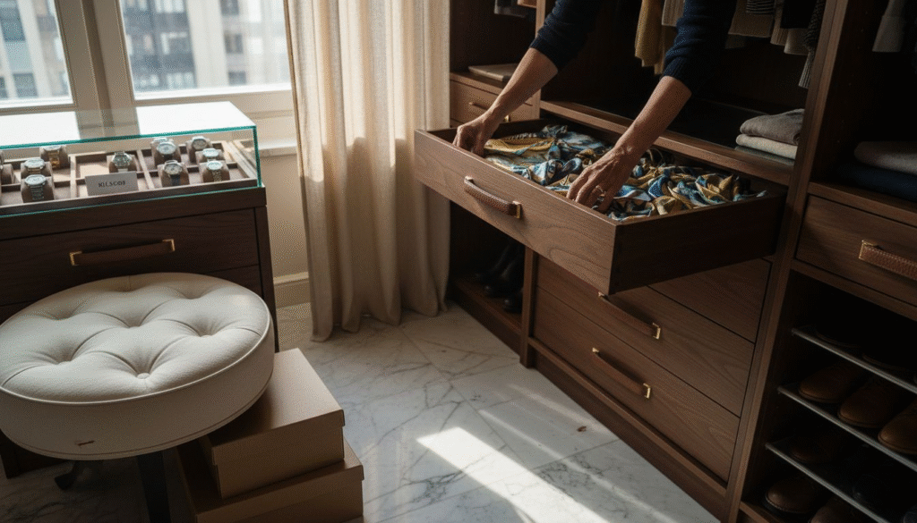 Kvinna som organiserar sina sjalar i en lyxig walk-in-garderob