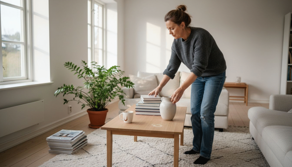 En kvinna som ställer i ordning böcker i ett ljust, skandinaviskt vardagsrum.