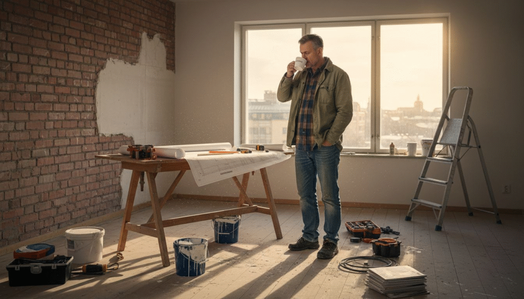 Projektledaren går igenom ritningarna i den nyrenoverade lägenheten.