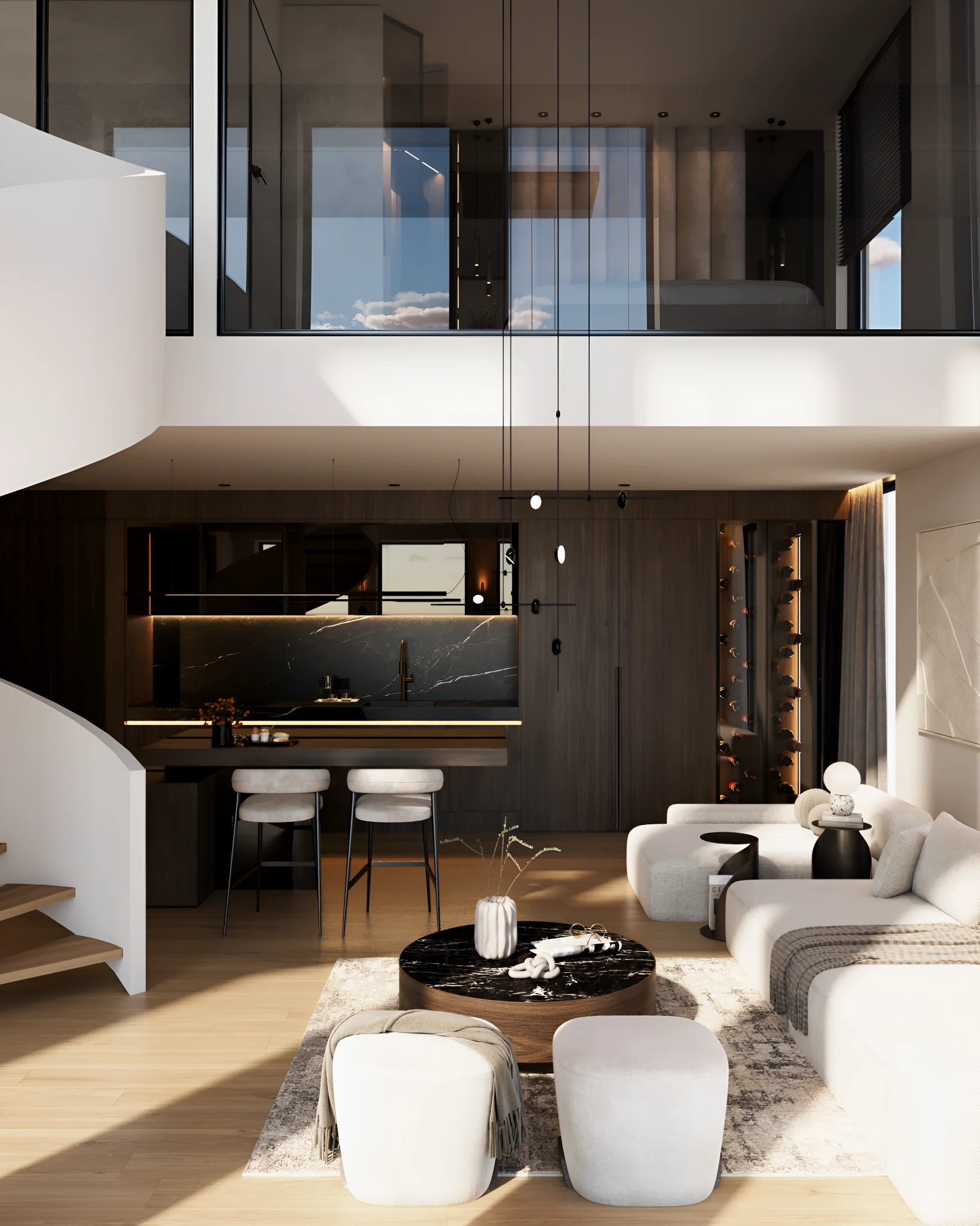 Stiligt - Modernt vardagsrum i öppen planlösning med möbler i neutrala toner, ett kök med mörka skåp, en spiraltrappa och ett övre loft med glasräcke.