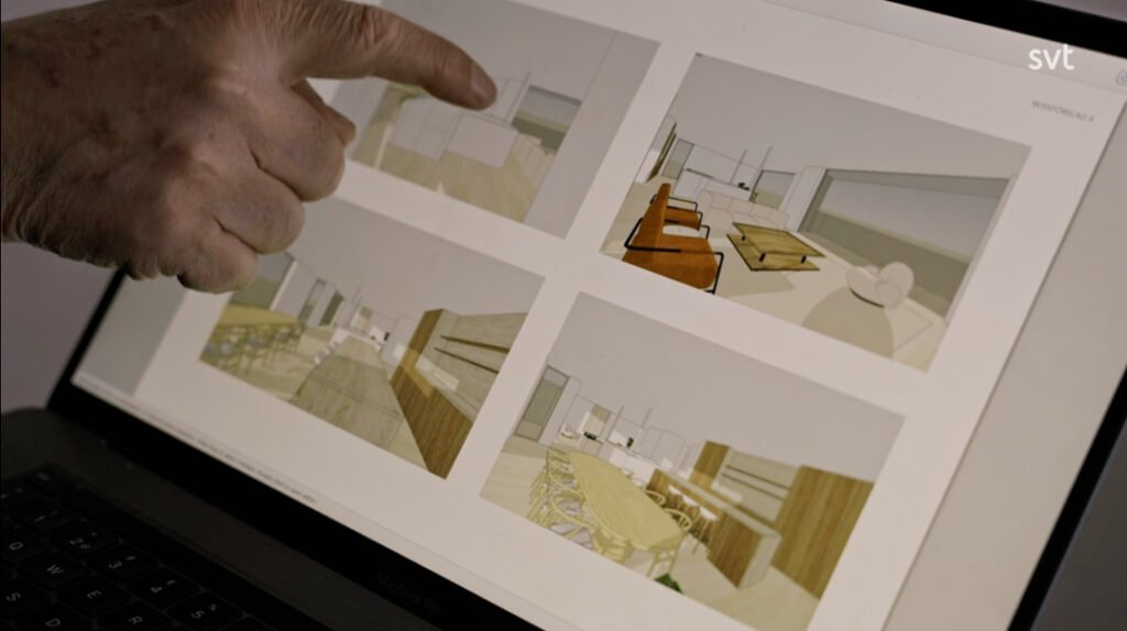 Stiligt - En hand pekar på arkitektoniska renderingar av inredningsdetaljer som visas på en laptopskärm.