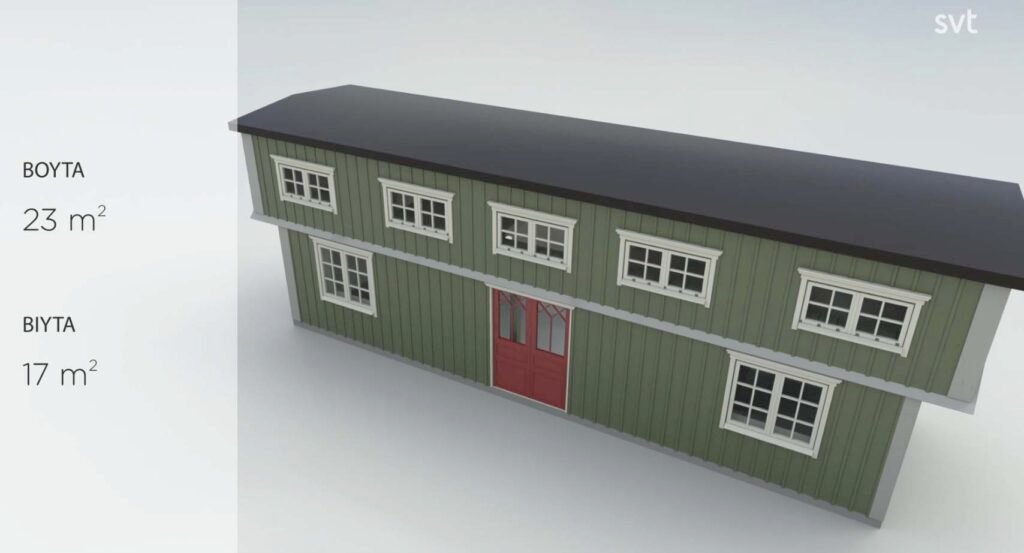 Stiligt - 3D-rendering av ett grönt tvåvåningshus med en röd dörr; etiketter anger bostadsyta på 23 m² och en andra yta på 17 m² på vänster sida.