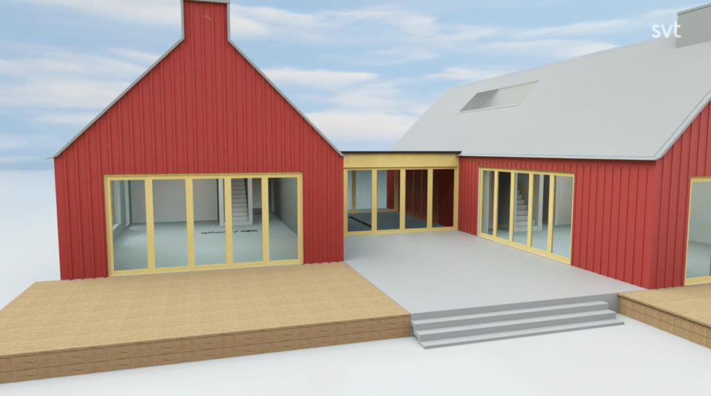 Stiligt - En digital rendering av ett modernt rött och vitt hus med stora glasdörrar, ett trädäck och en trappa som leder till en uteplats i betong.