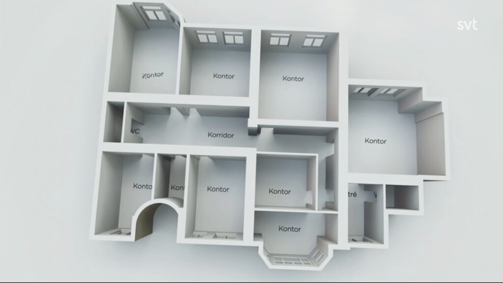 Stiligt - 3D-planritning av ett kontorsutrymme med flera märkta rum, inklusive Kontor (kontor), WC, Entré (ingång) och Korridor (korridor), visat från en ovanifrånvy.