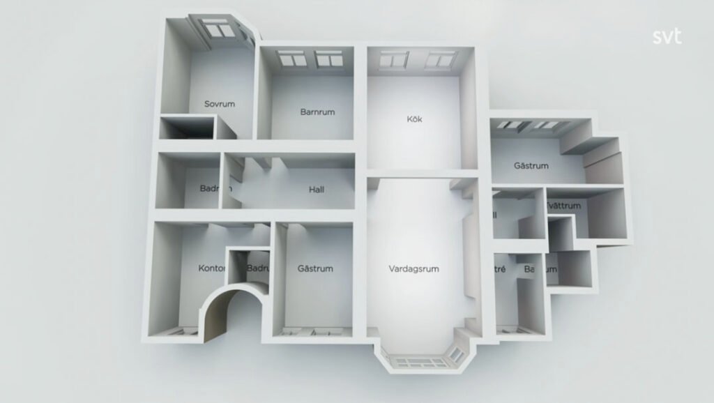 Stiligt - 3D-planlösning av en lägenhet som visar märkta rum: Sovrum, Barnrum, Kök, Gästrum, Hall, Vardagsrum, Kontor, Badrum och Gästtoalett.