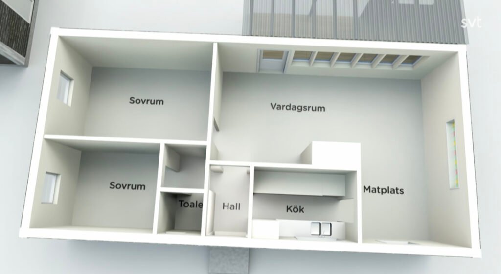 Stiligt - En planritning över en lägenhet med märkta rum: två sovrum (sovrum), badrum (toalett), hall, kök (kök), matplats (matplats) och vardagsrum (vardagsrum).