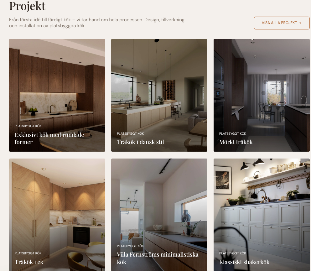 Stiligt - Ett rutnät med sex interiörfoton visar olika köksdesigner, inklusive moderna, mörkt trä, skandinaviska och minimalistiska stilar, var och en märkt med en beskrivande titel.