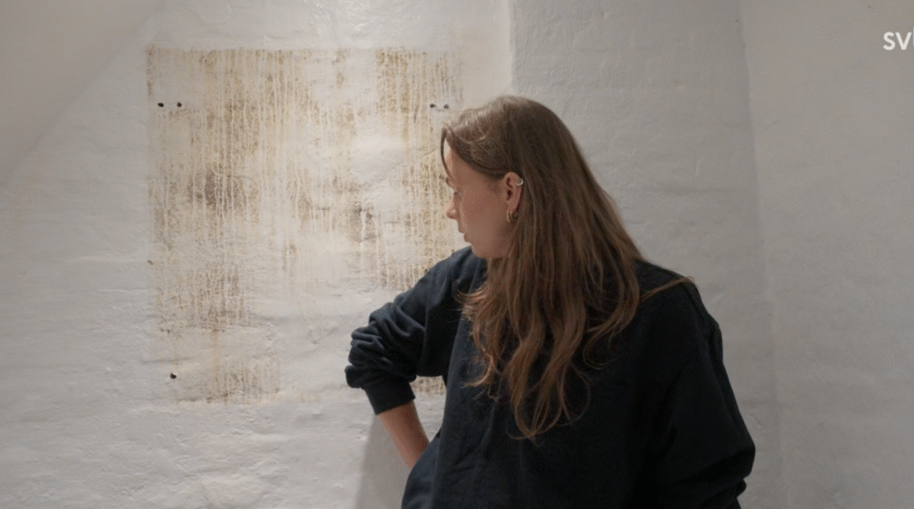 Stiligt - En kvinna med långt brunt hår står inomhus och tittar på ett blekt, rektangulärt märke på en vit vägg.