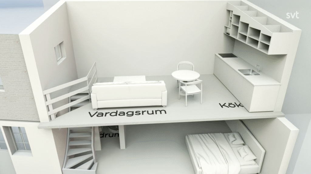Stiligt - En 3D-illustration av en lägenhet i två plan med vardagsrum, kök och sovrum, med svenska etiketter: "Vardagsrum", "Kök" och "Sovrum".