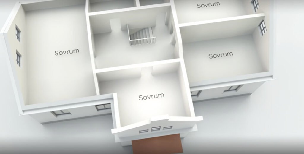 Stiligt - 3D-planritning av ett hus med fyra märkta rum, vart och ett märkt "Sovrum", och en central trappa.