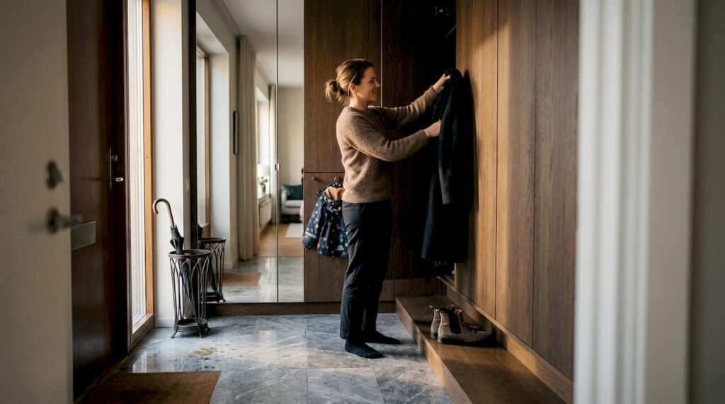 En kvinna hänger upp sin kappa i den eleganta, måttanpassade hallen.