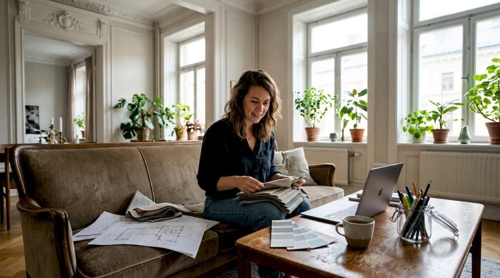 Arkitekten skissar på nya idéer i ett stilrent vardagsrum